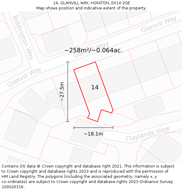 14, GLANVILL WAY, HONITON, EX14 2GE: Plot and title map