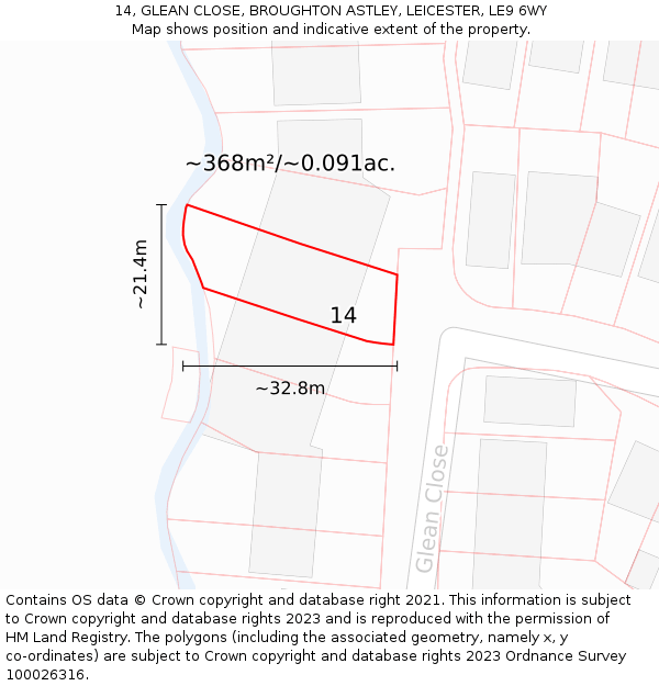 14, GLEAN CLOSE, BROUGHTON ASTLEY, LEICESTER, LE9 6WY: Plot and title map