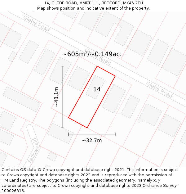 14, GLEBE ROAD, AMPTHILL, BEDFORD, MK45 2TH: Plot and title map