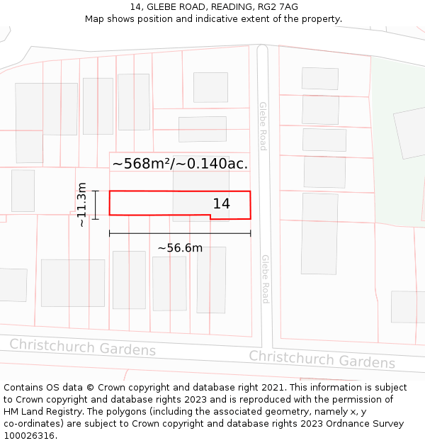 14, GLEBE ROAD, READING, RG2 7AG: Plot and title map