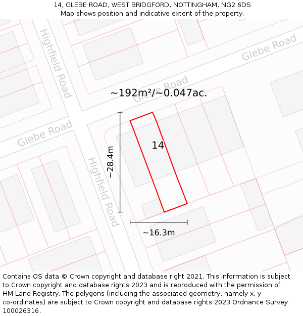 14, GLEBE ROAD, WEST BRIDGFORD, NOTTINGHAM, NG2 6DS: Plot and title map