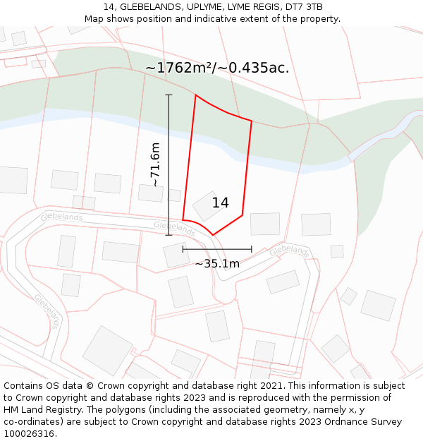 14, GLEBELANDS, UPLYME, LYME REGIS, DT7 3TB: Plot and title map