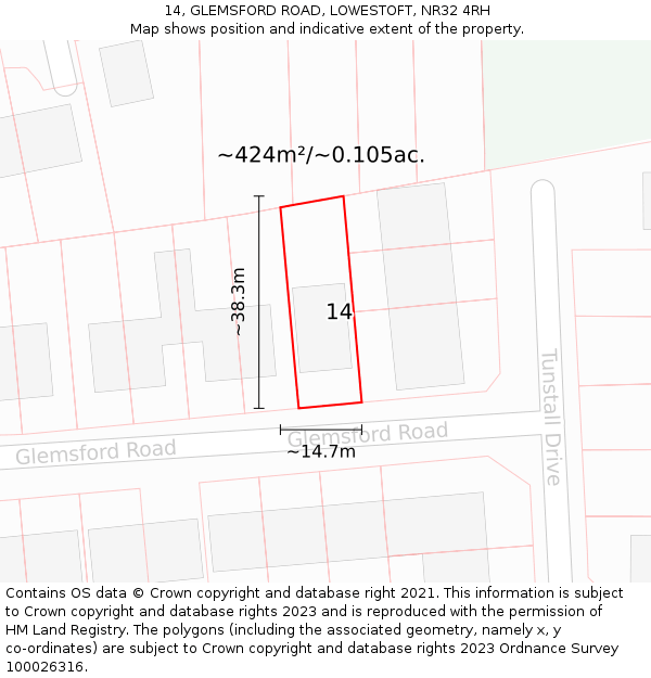 14, GLEMSFORD ROAD, LOWESTOFT, NR32 4RH: Plot and title map