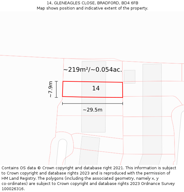 14, GLENEAGLES CLOSE, BRADFORD, BD4 6FB: Plot and title map