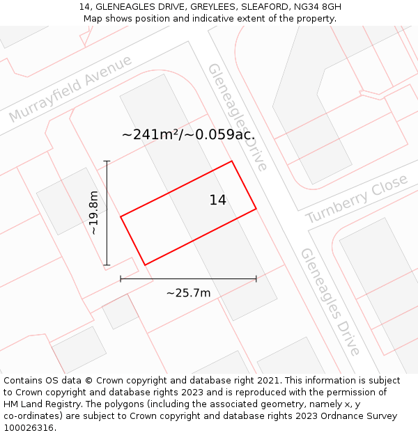 14, GLENEAGLES DRIVE, GREYLEES, SLEAFORD, NG34 8GH: Plot and title map