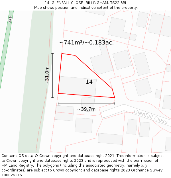 14, GLENFALL CLOSE, BILLINGHAM, TS22 5RL: Plot and title map