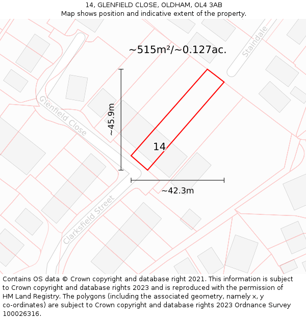 14, GLENFIELD CLOSE, OLDHAM, OL4 3AB: Plot and title map