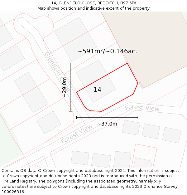 14, GLENFIELD CLOSE, REDDITCH, B97 5FA: Plot and title map