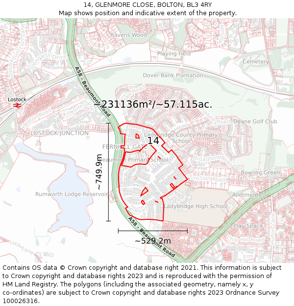 14, GLENMORE CLOSE, BOLTON, BL3 4RY: Plot and title map