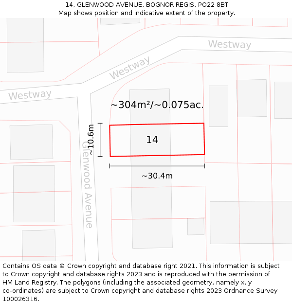 14, GLENWOOD AVENUE, BOGNOR REGIS, PO22 8BT: Plot and title map