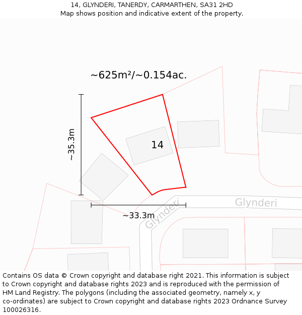 14, GLYNDERI, TANERDY, CARMARTHEN, SA31 2HD: Plot and title map