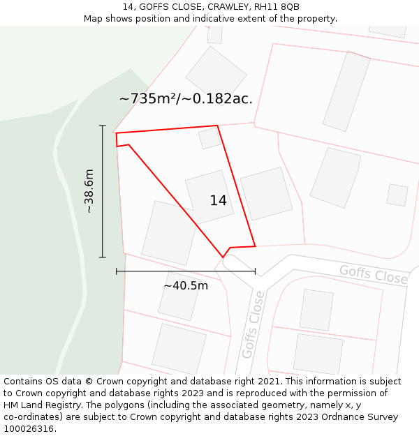 14, GOFFS CLOSE, CRAWLEY, RH11 8QB: Plot and title map