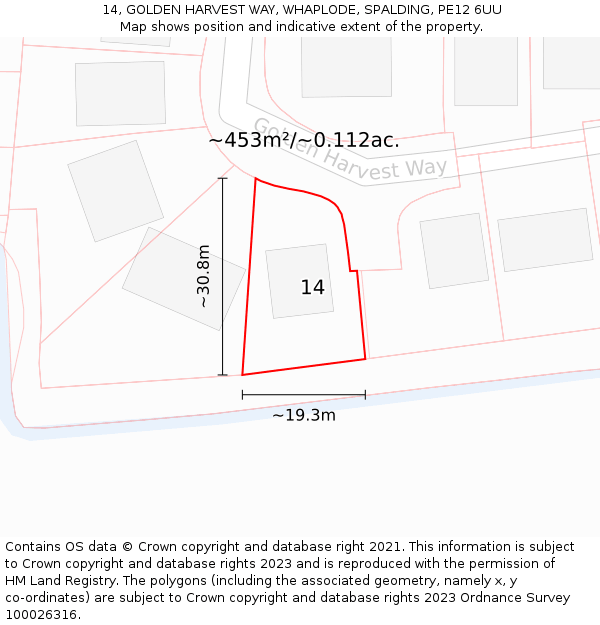 14, GOLDEN HARVEST WAY, WHAPLODE, SPALDING, PE12 6UU: Plot and title map