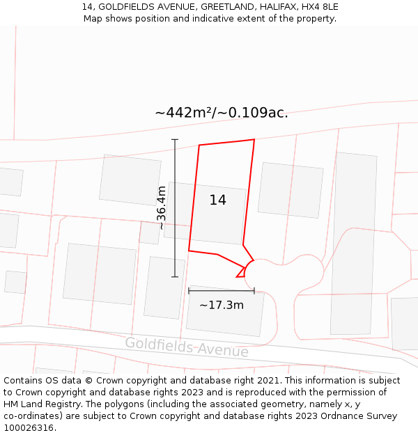 14, GOLDFIELDS AVENUE, GREETLAND, HALIFAX, HX4 8LE: Plot and title map