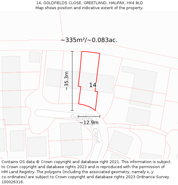 14, GOLDFIELDS CLOSE, GREETLAND, HALIFAX, HX4 8LD: Plot and title map