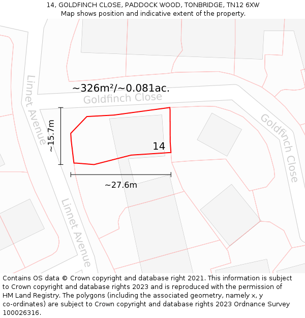 14, GOLDFINCH CLOSE, PADDOCK WOOD, TONBRIDGE, TN12 6XW: Plot and title map