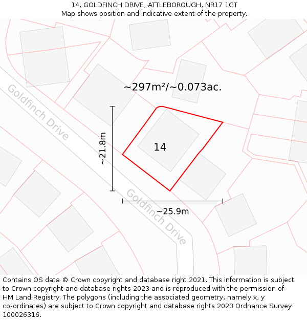 14, GOLDFINCH DRIVE, ATTLEBOROUGH, NR17 1GT: Plot and title map