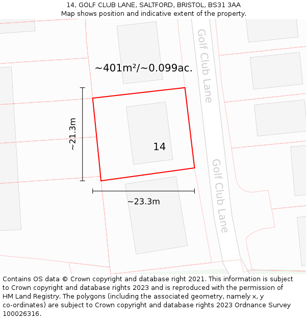 14, GOLF CLUB LANE, SALTFORD, BRISTOL, BS31 3AA: Plot and title map