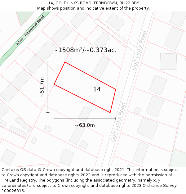 14, GOLF LINKS ROAD, FERNDOWN, BH22 8BY: Plot and title map