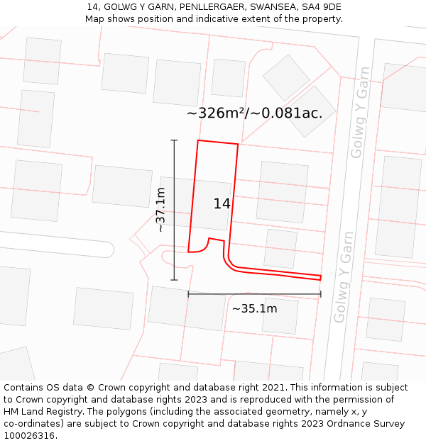 14, GOLWG Y GARN, PENLLERGAER, SWANSEA, SA4 9DE: Plot and title map