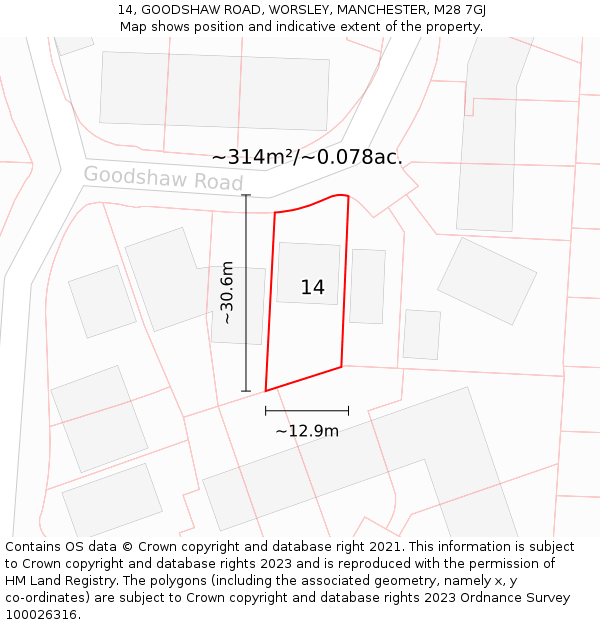 14, GOODSHAW ROAD, WORSLEY, MANCHESTER, M28 7GJ: Plot and title map