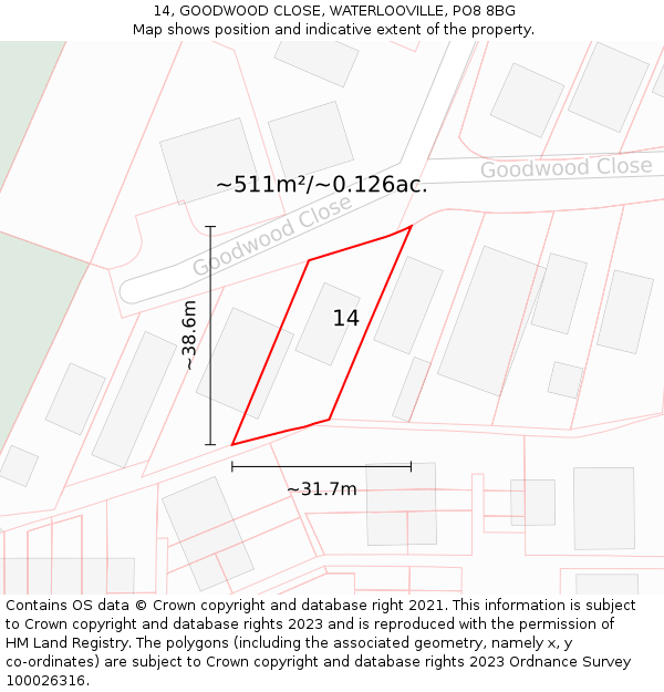 14, GOODWOOD CLOSE, WATERLOOVILLE, PO8 8BG: Plot and title map