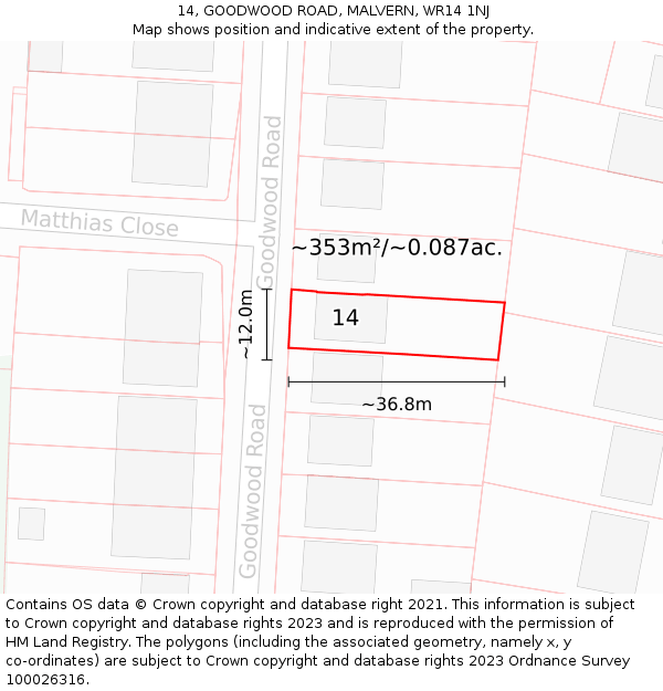 14, GOODWOOD ROAD, MALVERN, WR14 1NJ: Plot and title map