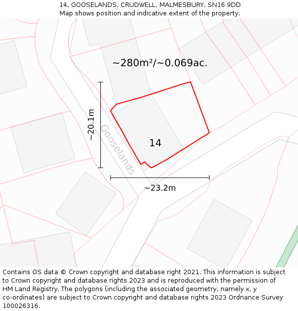 14, GOOSELANDS, CRUDWELL, MALMESBURY, SN16 9DD: Plot and title map