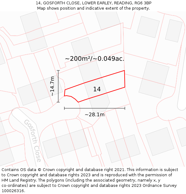 14, GOSFORTH CLOSE, LOWER EARLEY, READING, RG6 3BP: Plot and title map