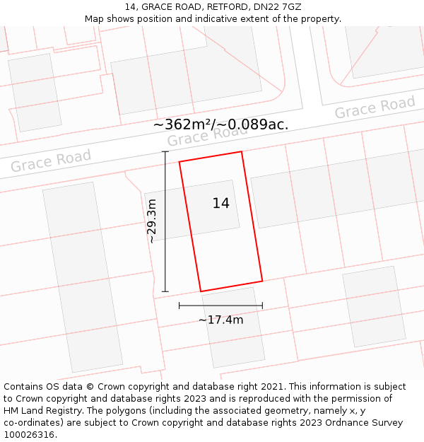 14, GRACE ROAD, RETFORD, DN22 7GZ: Plot and title map