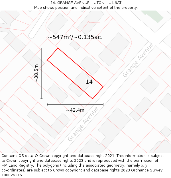 14, GRANGE AVENUE, LUTON, LU4 9AT: Plot and title map