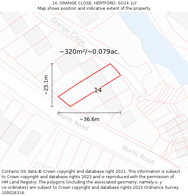 14, GRANGE CLOSE, HERTFORD, SG14 1LY: Plot and title map