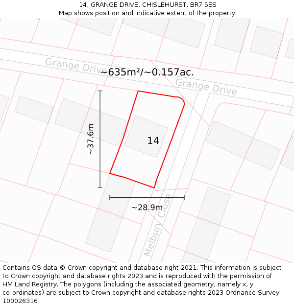 14, GRANGE DRIVE, CHISLEHURST, BR7 5ES: Plot and title map