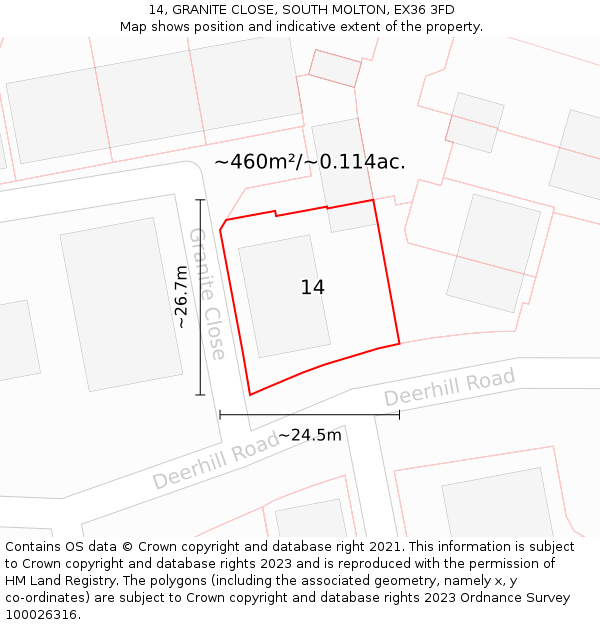 14, GRANITE CLOSE, SOUTH MOLTON, EX36 3FD: Plot and title map