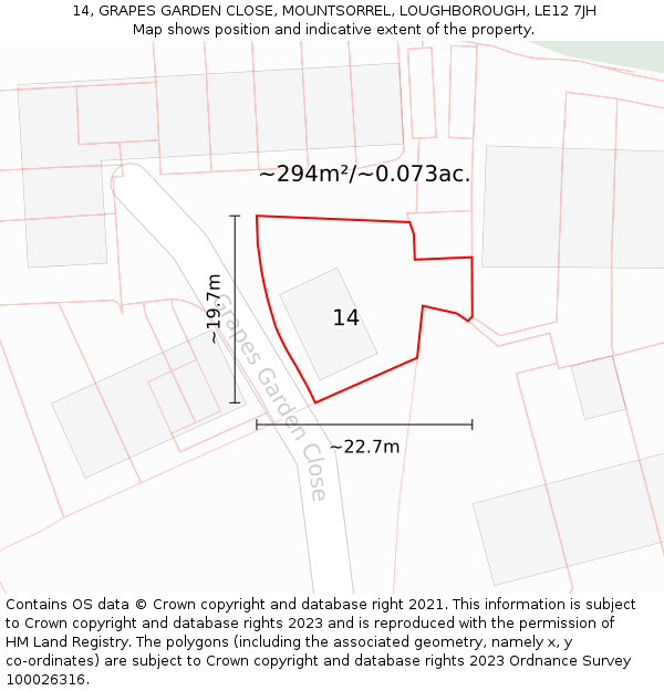 14, GRAPES GARDEN CLOSE, MOUNTSORREL, LOUGHBOROUGH, LE12 7JH: Plot and title map