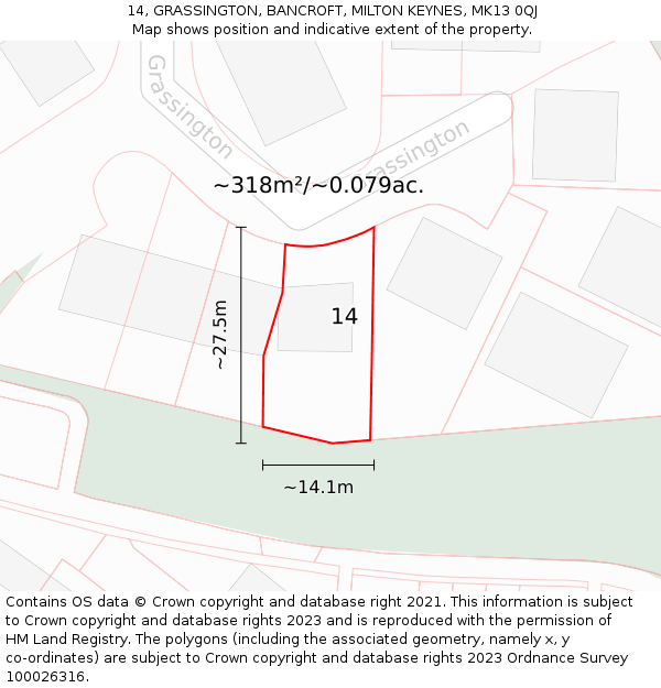 14, GRASSINGTON, BANCROFT, MILTON KEYNES, MK13 0QJ: Plot and title map