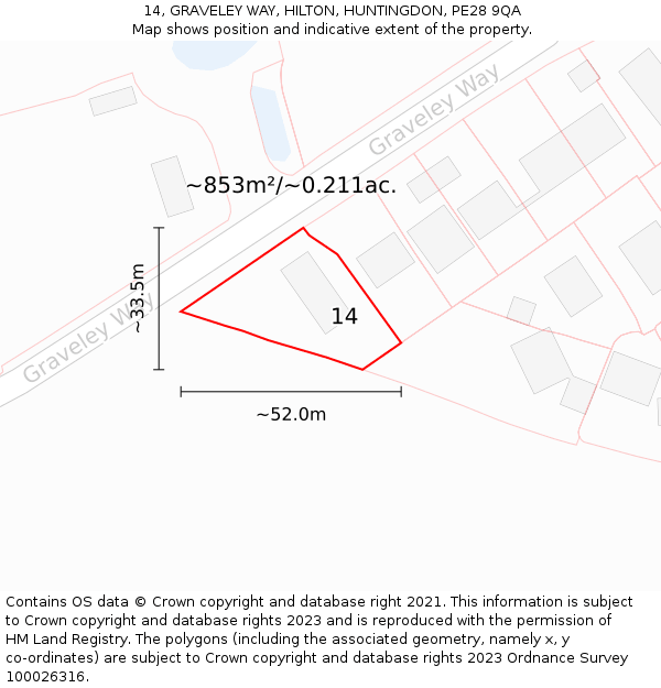 14, GRAVELEY WAY, HILTON, HUNTINGDON, PE28 9QA: Plot and title map