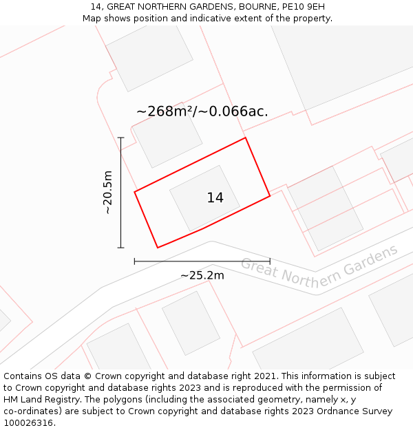 14, GREAT NORTHERN GARDENS, BOURNE, PE10 9EH: Plot and title map