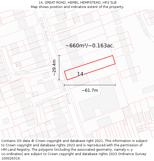 14, GREAT ROAD, HEMEL HEMPSTEAD, HP2 5LB: Plot and title map