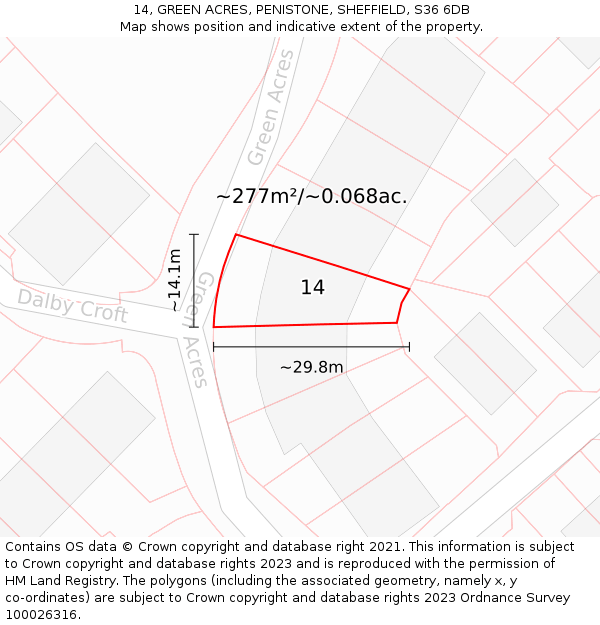 14, GREEN ACRES, PENISTONE, SHEFFIELD, S36 6DB: Plot and title map