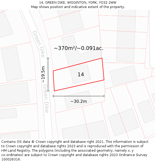 14, GREEN DIKE, WIGGINTON, YORK, YO32 2WW: Plot and title map