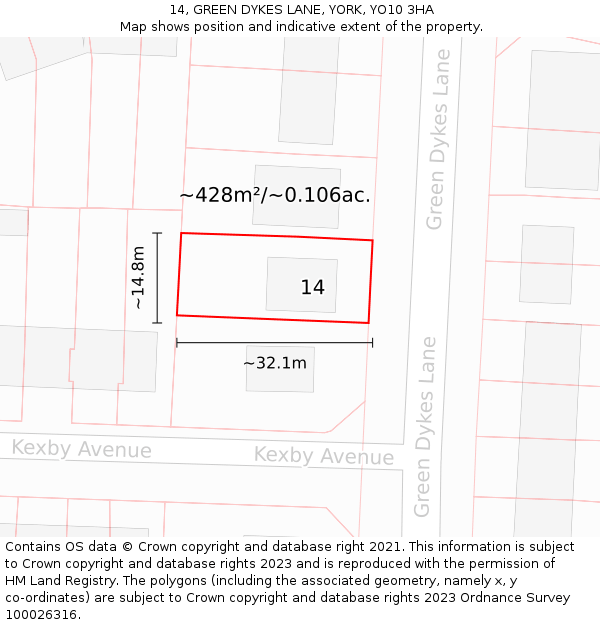 14, GREEN DYKES LANE, YORK, YO10 3HA: Plot and title map