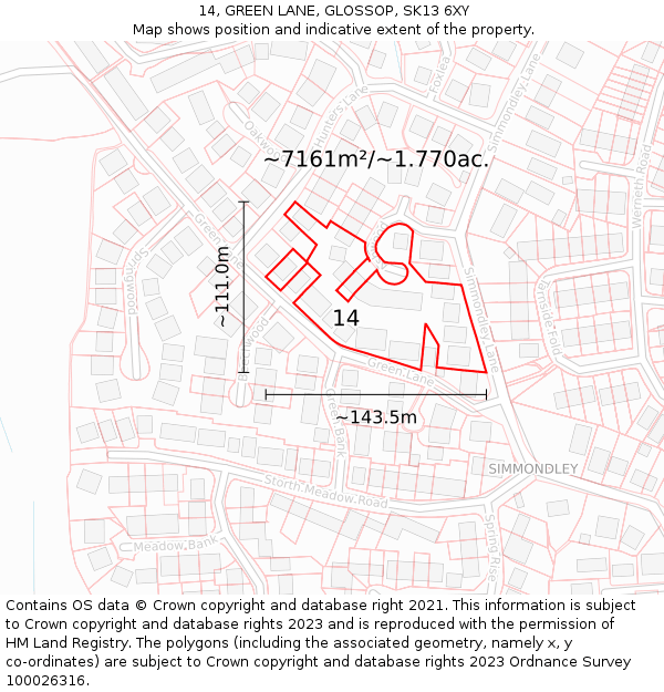 14, GREEN LANE, GLOSSOP, SK13 6XY: Plot and title map