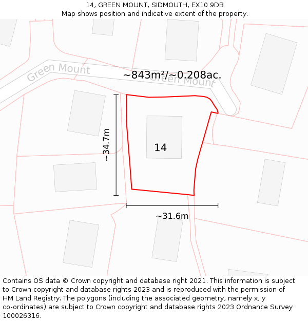 14, GREEN MOUNT, SIDMOUTH, EX10 9DB: Plot and title map