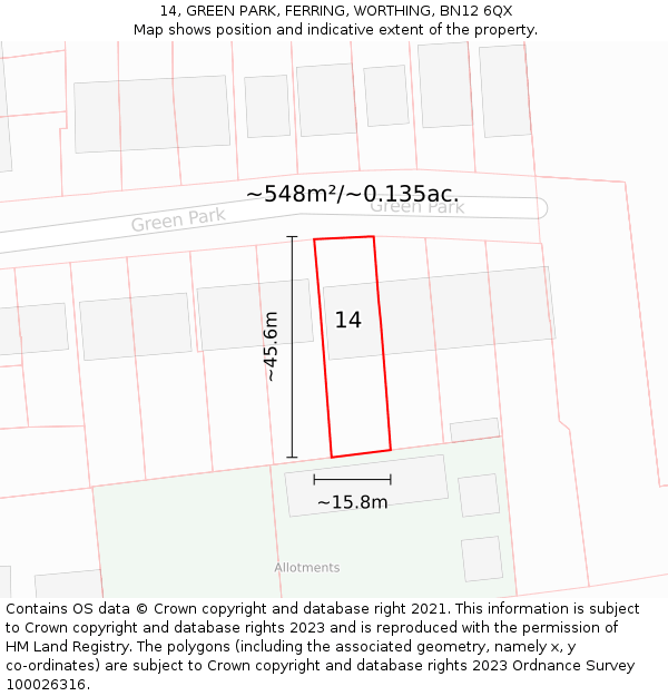 14, GREEN PARK, FERRING, WORTHING, BN12 6QX: Plot and title map