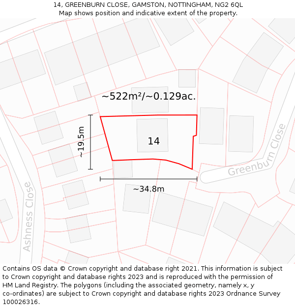 14, GREENBURN CLOSE, GAMSTON, NOTTINGHAM, NG2 6QL: Plot and title map