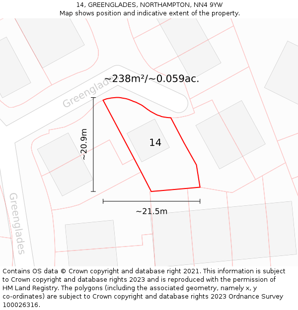 14, GREENGLADES, NORTHAMPTON, NN4 9YW: Plot and title map