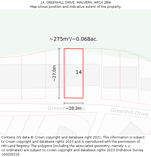 14, GREENHILL DRIVE, MALVERN, WR14 2BW: Plot and title map