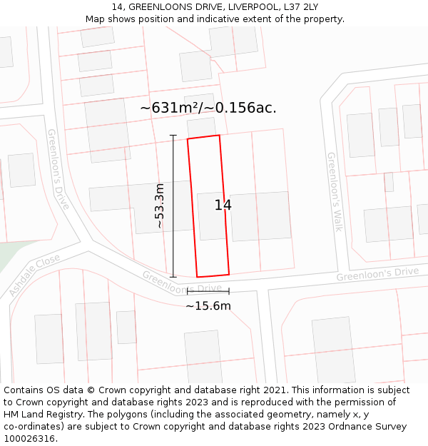 14, GREENLOONS DRIVE, LIVERPOOL, L37 2LY: Plot and title map