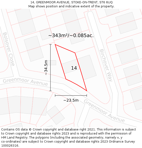 14, GREENMOOR AVENUE, STOKE-ON-TRENT, ST6 6UQ: Plot and title map